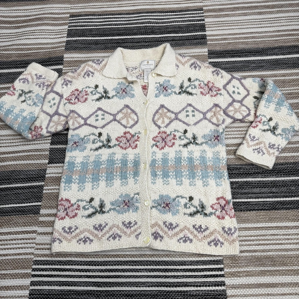 Express Tricot Cardigan Sweater Womens Medium Cream Hand Knit Silk Angora Floral